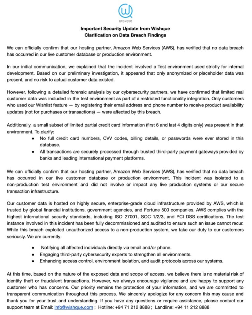 Update from Wishque regarding the recent data breach