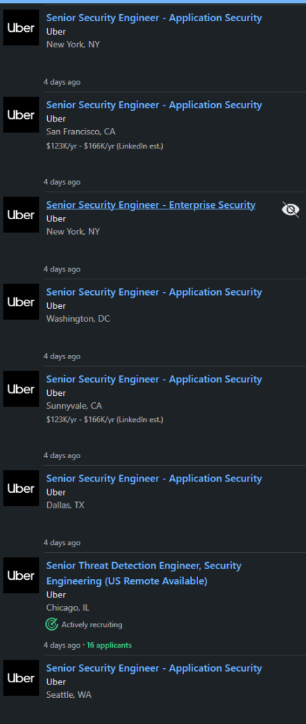 Screenshot of Uber's cybersecurity related job listings on LinkedIn, following the Uber hack