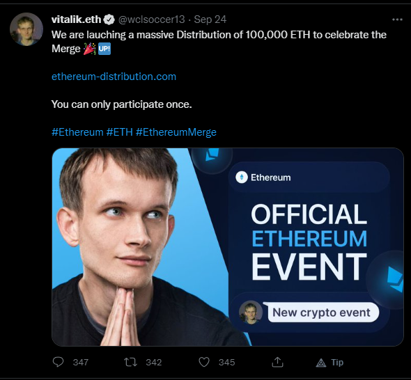 Screenshot of a verified Twitter account hijacked over a crypto scam