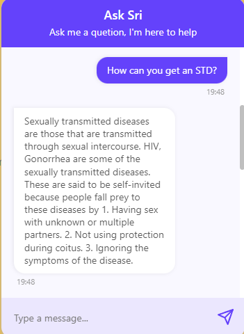 Screenshot of sex-ed chatbot Ask Sri answering the question "how can you get an STD?"