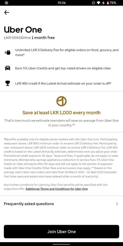 Screenshot of Uber One subscription service in Sri Lanka and its perks