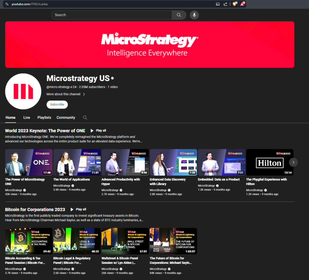 Screenshot of ITN Sri Lanka YouTube channel which depicts the page's original videos replaced by cyrpto-related content.