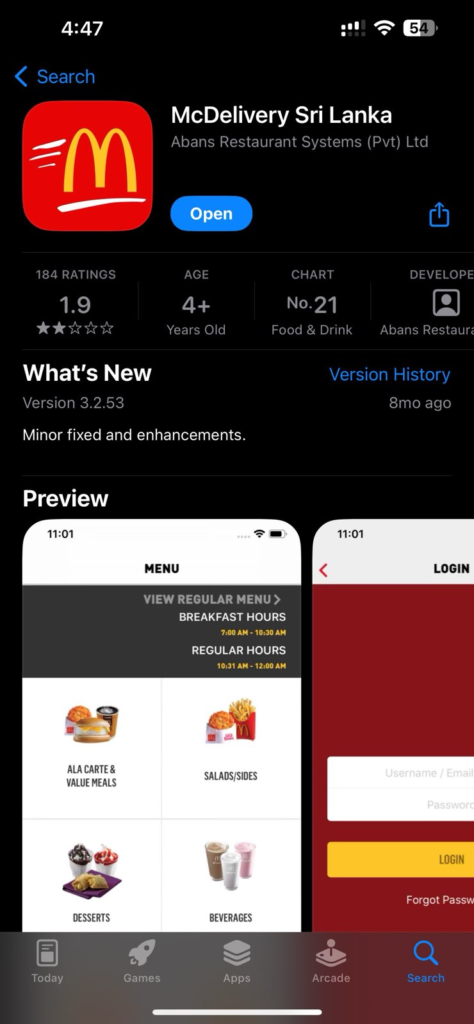 Screenshot of McDelivery Sri Lanka iOS app showing Abans Restaurant Systems as its publisher