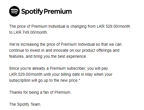 Screenshot of Spotify announcing the price hike for Premium Individual, from LKR 529/month to LKR 749/month.
