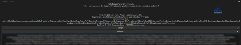 Blurred screenshot of post alleging Airport and Aviation Services Sri Lanka has suffered a data breach