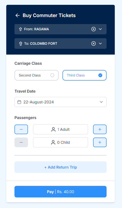 Screenshot of the Pravesha platform where commuters need to enter details such as destination, carriage class, travel date, number of passengers.