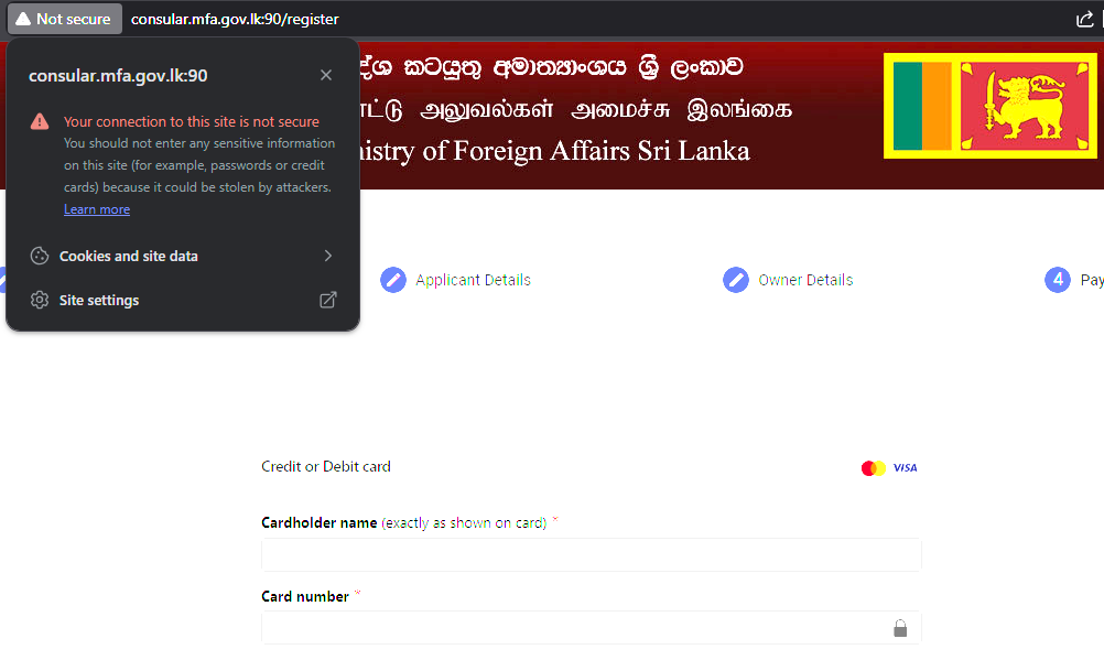 Screenshot of MFA's online consular services requesting users' credit card details. There's also a web browser warning indicating the site is unsecure.