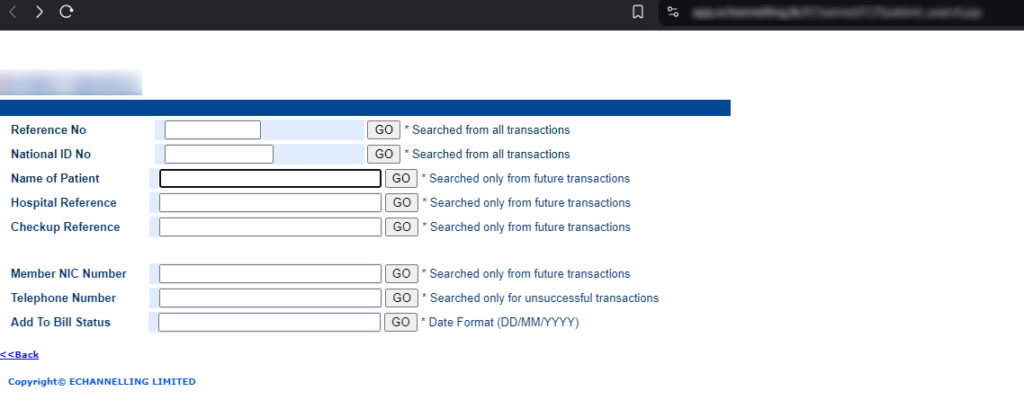 The exposed page on eChannelling platform that lets anyone search specific patient appointment information by a simple name search