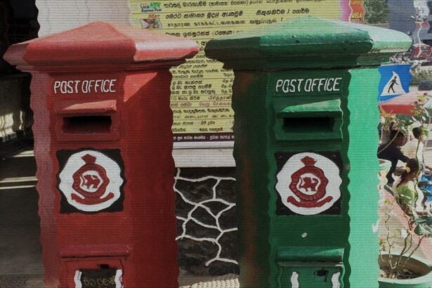 Two mailboxes belonging to Sri Lanka Post, one red and other green
